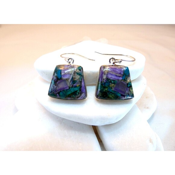 Natural Charoite -Azurite Sterling Silver Dangle Drop Earrings Handmade - Picture 1 of 4